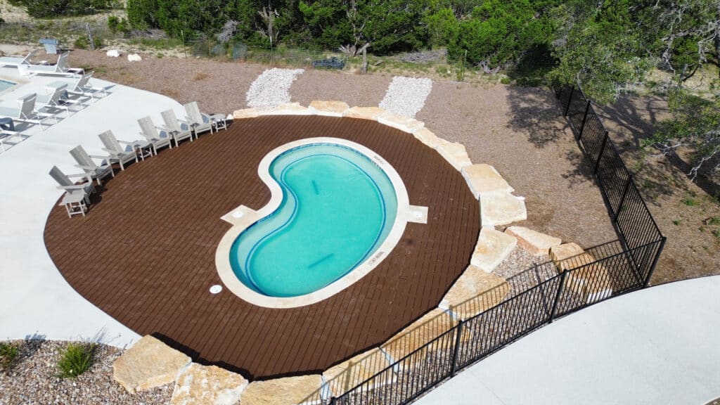 The resort spa, ringed by a wooden deck and boulders